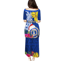 Custom Northern Mariana Islands Christmas Family Matching Puletasi Dress and Hawaiian Shirt Funny Santa Hug Latte Stone Ylang-ylang and Polynesia Pattern Blue LT03 - Polynesian Pride