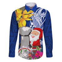 Custom Northern Mariana Islands Christmas Family Matching Short Sleeve Bodycon Dress and Hawaiian Shirt Funny Santa Hug Latte Stone Ylang-ylang and Polynesia Pattern Blue LT03 Dad's Shirt - Long Sleeve Blue - Polynesian Pride