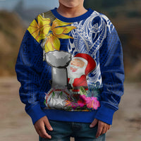 Custom Northern Mariana Islands Christmas Kid Ugly Christmas Sweater Funny Santa Hug Latte Stone Ylang-ylang and Polynesia Pattern Blue LT03 - Polynesian Pride