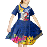 Custom Northern Mariana Islands Christmas Kid Short Sleeve Dress Funny Santa Hug Latte Stone Ylang-ylang and Polynesia Pattern Blue LT03 - Polynesian Pride