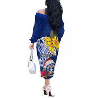 Custom Northern Mariana Islands Christmas Off The Shoulder Long Sleeve Dress Funny Santa Hug Latte Stone Ylang-ylang and Polynesia Pattern Blue LT03 - Polynesian Pride