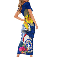 Custom Northern Mariana Islands Christmas Short Sleeve Bodycon Dress Funny Santa Hug Latte Stone Ylang-ylang and Polynesia Pattern Blue LT03 - Polynesian Pride
