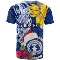 Custom Northern Mariana Islands Christmas T Shirt Funny Santa Hug Latte Stone Ylang-ylang and Polynesia Pattern Blue LT03 - Polynesian Pride