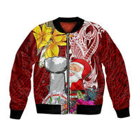 Custom Northern Mariana Islands Christmas Bomber Jacket Funny Santa Hug Latte Stone Ylang-ylang and Polynesia Pattern Red LT03 Unisex Red - Polynesian Pride