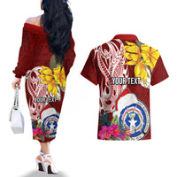 Custom Northern Mariana Islands Christmas Couples Matching Off The Shoulder Long Sleeve Dress and Hawaiian Shirt Funny Santa Hug Latte Stone Ylang-ylang and Polynesia Pattern Red LT03 - Polynesian Pride
