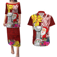 Custom Northern Mariana Islands Christmas Couples Matching Puletasi Dress and Hawaiian Shirt Funny Santa Hug Latte Stone Ylang-ylang and Polynesia Pattern Red LT03 Red - Polynesian Pride