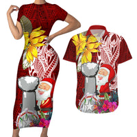 Custom Northern Mariana Islands Christmas Couples Matching Short Sleeve Bodycon Dress and Hawaiian Shirt Funny Santa Hug Latte Stone Ylang-ylang and Polynesia Pattern Red LT03 Red - Polynesian Pride