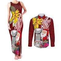 Custom Northern Mariana Islands Christmas Couples Matching Tank Maxi Dress and Long Sleeve Button Shirt Funny Santa Hug Latte Stone Ylang-ylang and Polynesia Pattern Red LT03 Red - Polynesian Pride