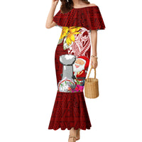 Custom Northern Mariana Islands Christmas Family Matching Mermaid Dress and Hawaiian Shirt Funny Santa Hug Latte Stone Ylang-ylang and Polynesia Pattern Red LT03 Mom's Dress Red - Polynesian Pride