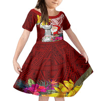 Custom Northern Mariana Islands Christmas Kid Short Sleeve Dress Funny Santa Hug Latte Stone Ylang-ylang and Polynesia Pattern Red LT03 KID Red - Polynesian Pride