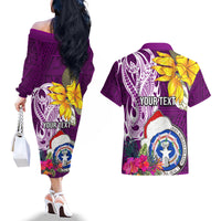 Custom Northern Mariana Islands Christmas Couples Matching Off The Shoulder Long Sleeve Dress and Hawaiian Shirt Funny Santa Hug Latte Stone Ylang-ylang and Polynesia Pattern Pink LT03 - Polynesian Pride