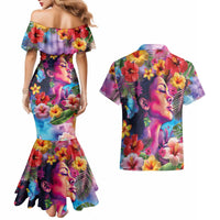 Polynesian Women Couples Matching Mermaid Dress and Hawaiian Shirt Tropical Plant - Vibrant Surreal Dreamscape Vibe