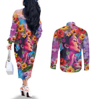 Polynesian Women Couples Matching Off The Shoulder Long Sleeve Dress and Long Sleeve Button Shirt Tropical Plant - Vibrant Surreal Dreamscape Vibe