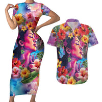 Polynesian Women Couples Matching Short Sleeve Bodycon Dress and Hawaiian Shirt Tropical Plant - Vibrant Surreal Dreamscape Vibe