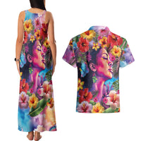 Polynesian Women Couples Matching Tank Maxi Dress and Hawaiian Shirt Tropical Plant - Vibrant Surreal Dreamscape Vibe