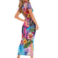 Polynesian Women Family Matching Short Sleeve Bodycon Dress and Hawaiian Shirt Tropical Plant - Vibrant Surreal Dreamscape Vibe