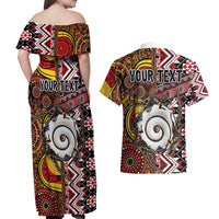 Personalised Aotearoa and Australia Together Couples Matching Off Shoulder Maxi Dress and Hawaiian Shirt Koru and Kangaroo - Taniko with Aboriginal Motif
