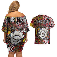 Personalised Aotearoa and Australia Together Couples Matching Off Shoulder Short Dress and Hawaiian Shirt Koru and Kangaroo - Taniko with Aboriginal Motif