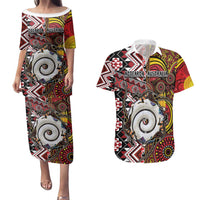 Personalised Aotearoa and Australia Together Couples Matching Puletasi and Hawaiian Shirt Koru and Kangaroo - Taniko with Aboriginal Motif