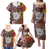 Personalised Aotearoa and Australia Together Family Matching Puletasi and Hawaiian Shirt Koru and Kangaroo - Taniko with Aboriginal Motif