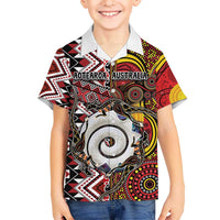 Personalised Aotearoa and Australia Together Kid Hawaiian Shirt Koru and Kangaroo - Taniko with Aboriginal Motif LT03 Kid Black - Polynesian Pride