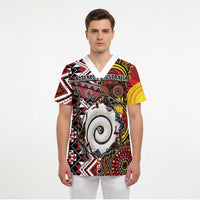 Personalised Aotearoa and Australia Together Scrub Top Koru and Kangaroo - Taniko with Aboriginal Motif - Polynesian Pride