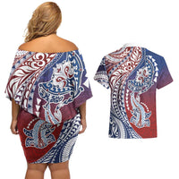 Hawaiian Manta Ray and Hammerhead Shark Tribal Tattoo Couples Matching Off Shoulder Short Dress and Hawaiian Shirt with Polynesian Tribal Pattern Hawaii Flag Color