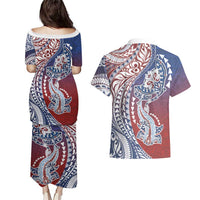 Hawaiian Manta Ray and Hammerhead Shark Tribal Tattoo Couples Matching Puletasi and Hawaiian Shirt with Polynesian Tribal Pattern Hawaii Flag Color