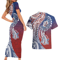 Hawaiian Manta Ray and Hammerhead Shark Tribal Tattoo Couples Matching Short Sleeve Bodycon Dress and Hawaiian Shirt with Polynesian Tribal Pattern Hawaii Flag Color
