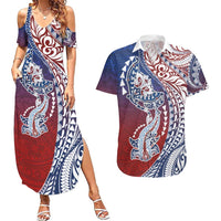 Hawaiian Manta Ray and Hammerhead Shark Tribal Tattoo Couples Matching Summer Maxi Dress and Hawaiian Shirt with Polynesian Tribal Pattern Hawaii Flag Color