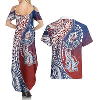 Hawaiian Manta Ray and Hammerhead Shark Tribal Tattoo Couples Matching Summer Maxi Dress and Hawaiian Shirt with Polynesian Tribal Pattern Hawaii Flag Color