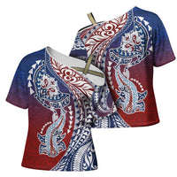 Hawaiian Manta Ray and Hammerhead Shark Tribal Tattoo Cross Shoulder Shirt with Polynesian Tribal Pattern Hawaii Flag Color