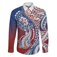 Hawaiian Manta Ray and Hammerhead Shark Tribal Tattoo Family Matching Mermaid Dress and Hawaiian Shirt with Polynesian Tribal Pattern Hawaii Flag Color LT03 Dad's Shirt - Long Sleeve Multicolor - Polynesian Pride