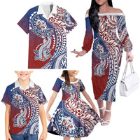 Hawaiian Manta Ray and Hammerhead Shark Tribal Tattoo Family Matching Off The Shoulder Long Sleeve Dress and Hawaiian Shirt with Polynesian Tribal Pattern Hawaii Flag Color