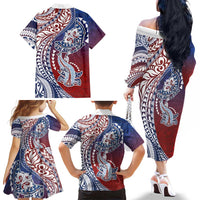 Hawaiian Manta Ray and Hammerhead Shark Tribal Tattoo Family Matching Off The Shoulder Long Sleeve Dress and Hawaiian Shirt with Polynesian Tribal Pattern Hawaii Flag Color