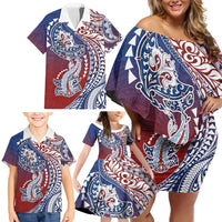 Hawaiian Manta Ray and Hammerhead Shark Tribal Tattoo Family Matching Off Shoulder Short Dress and Hawaiian Shirt with Polynesian Tribal Pattern Hawaii Flag Color