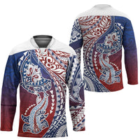 Hawaiian Manta Ray and Hammerhead Shark Tribal Tattoo Hockey Jersey with Polynesian Tribal Pattern Hawaii Flag Color