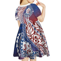 Hawaiian Manta Ray and Hammerhead Shark Tribal Tattoo Kid Short Sleeve Dress with Polynesian Tribal Pattern Hawaii Flag Color