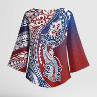 Hawaiian Manta Ray and Hammerhead Shark Tribal Tattoo Kimono Sleeve Blouse with Polynesian Tribal Pattern Hawaii Flag Color
