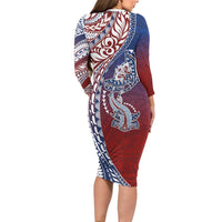 Hawaiian Manta Ray and Hammerhead Shark Tribal Tattoo Long Sleeve Bodycon Dress with Polynesian Tribal Pattern Hawaii Flag Color