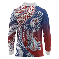 Hawaiian Manta Ray and Hammerhead Shark Tribal Tattoo Long Sleeve Polo Shirt with Polynesian Tribal Pattern Hawaii Flag Color