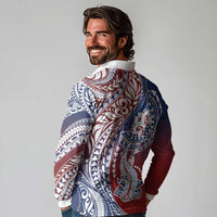 Hawaiian Manta Ray and Hammerhead Shark Tribal Tattoo Long Sleeve Polo Shirt with Polynesian Tribal Pattern Hawaii Flag Color