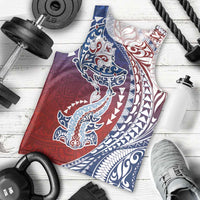 Hawaiian Manta Ray and Hammerhead Shark Tribal Tattoo Men Tank Top with Polynesian Tribal Pattern Hawaii Flag Color