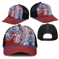 Hawaiian Manta Ray and Hammerhead Shark Tribal Tattoo Mesh Trucker Cap with Polynesian Tribal Pattern Hawaii Flag Color