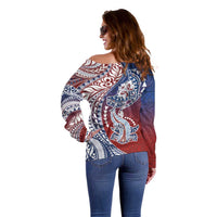 Hawaiian Manta Ray and Hammerhead Shark Tribal Tattoo Off Shoulder Sweater with Polynesian Tribal Pattern Hawaii Flag Color