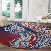 Hawaiian Manta Ray and Hammerhead Shark Tribal Tattoo Round Carpet with Polynesian Tribal Pattern Hawaii Flag Color