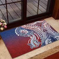 Hawaiian Manta Ray and Hammerhead Shark Tribal Tattoo Rubber Doormat with Polynesian Tribal Pattern Hawaii Flag Color