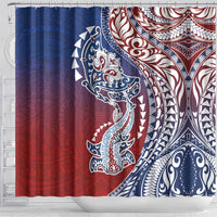 Hawaiian Manta Ray and Hammerhead Shark Tribal Tattoo Shower Curtain with Polynesian Tribal Pattern Hawaii Flag Color