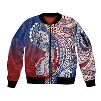 Hawaiian Manta Ray and Hammerhead Shark Tribal Tattoo Sleeve Zip Bomber Jacket with Polynesian Tribal Pattern Hawaii Flag Color