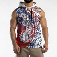Hawaiian Manta Ray and Hammerhead Shark Tribal Tattoo Sleeveless Hoodie with Polynesian Tribal Pattern Hawaii Flag Color